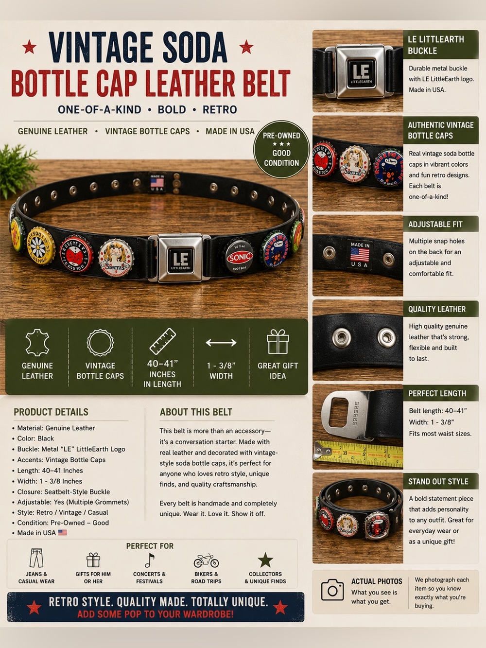 Vintage Soda Bottle Cap Leather Belt - Black with Multi-Colored Caps